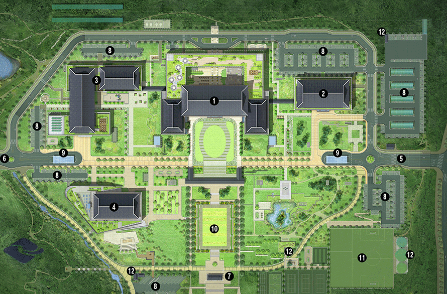 이 이미지는 1~12번까지 위치가 표시된 청사 약도로서 (1)경북시대(도본청) (2)경상북도의회 (3)홍익관(복지관) (4)동락관(공연장) (5)동문 (6)서문 (7)경화문 (8)주차장 (9)지하주차장 입구 (10)새마을광장 (11)화랑마당 (12)옥외화장실을 나타냅니다. 경북도청 진입문인 (7)경화문에서 직진하면 (10)새마을광장과 (1)경북시대(도본청)이 차례대로 나옵니다. (1)경북시대(도본청)을 기준으로 오른편에는 (8)주차장과 (2)경상북도의회 (5)동문 (9)지하주차장 입구 (12)옥외화장실 (11)화랑마당이 위치해있습니다. (1)경북시대(도본청)을 기준으로 왼편에는 (8)주차장과 (3)홍익관(복지관) (6)서문 (9)지하주차장 입구 (4)동락관(공연장)이 순서대로 위치해 있습니다.