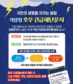 국민의 생명을 지키는 알림 기상청 호우 긴급재난문자 - 가장 위험한 순간, 즉각적인 안전조치가 이뤄질 수 있도록 집중호우에 노출된 국민께 직접 긴급재난문자를 발송합니다. / 발송기준 : ① 강수량 50mm/1h & 90mm/3h 동시 도달 시 ② 강수량 72mm/1h 도달시 / 운영방법 : 해당지역의 읍면동 단위로 재난문자 발송 / 국민 안전을 지키는 3중 기상안전망 구축 - 예보로 미리 대비 → 특보로 사전 대응 →  호우 재난문자로 즉각 행동 / 호우 발생 위험에 3단계로 대응하세요 / 호우 긴급재난문자 확인 시 나와 주변의 가족, 이웃의 안전도 함께 지켜주세요!