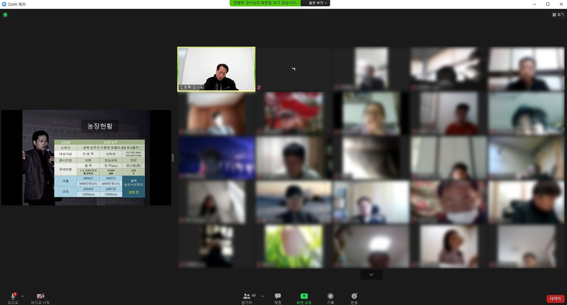 온라인 교육을 듣고 있는 zoom 프로그램 화면의 참가자들 모습 사진